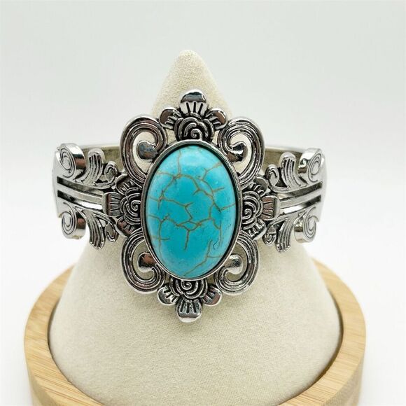 Large Cabochon Faux Turquoise Stone Silver Tone Filigree Hinged Bracelet 7" - Picture 1 of 9